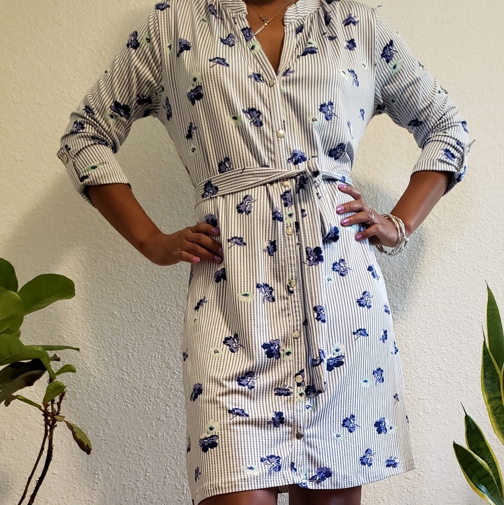 Thyme + Honey, button dress, with belt,, cotton/ poly, small, blue & white